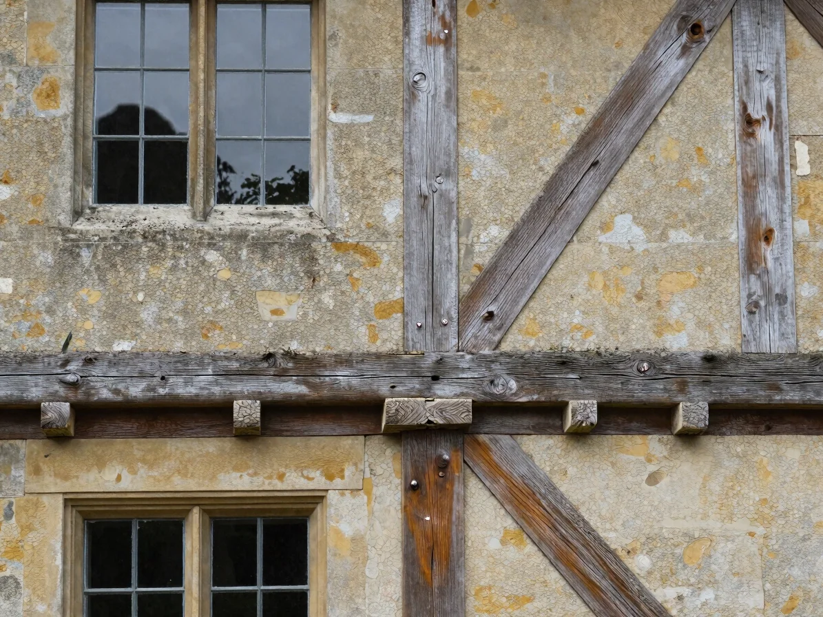 Quiet editorial documentary photograph of an oak timber frame joi