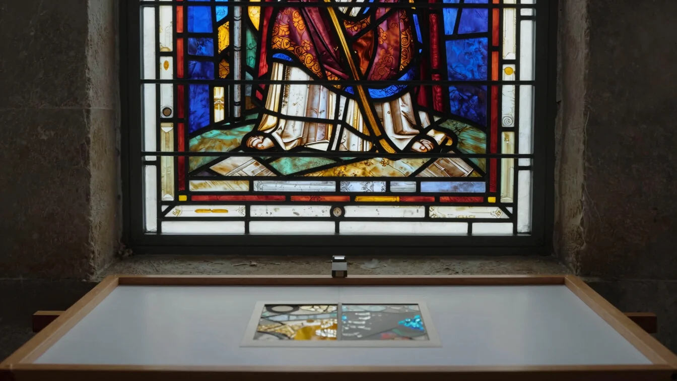 Quiet editorial photograph of a medieval stained glass panel with