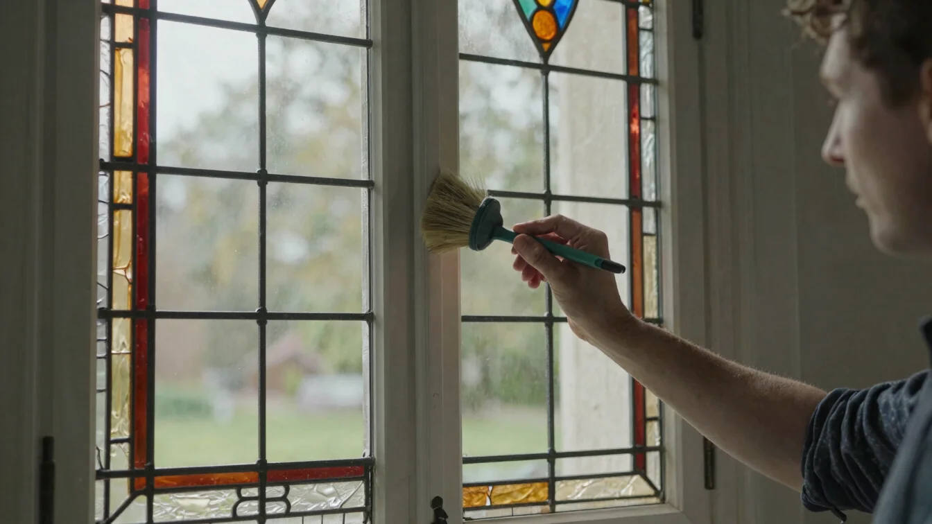 Quiet editorial photograph of a conservator cleaning a historic s