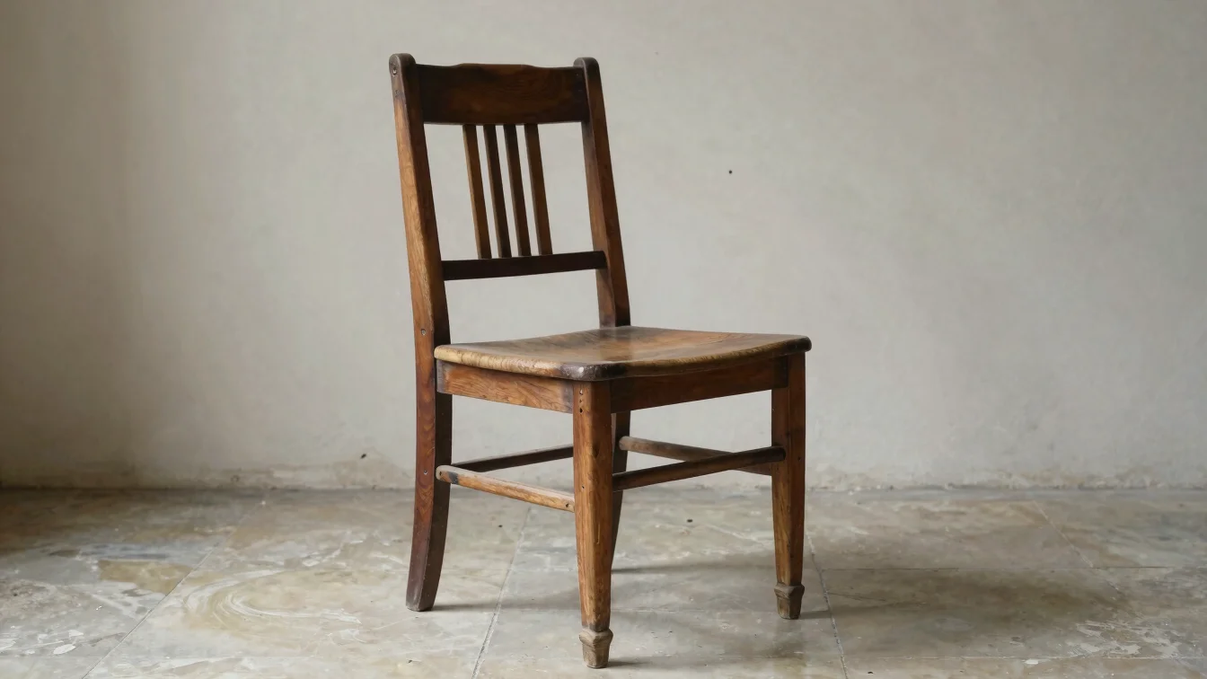 Quiet editorial photograph of a restored antique oak chair, hide