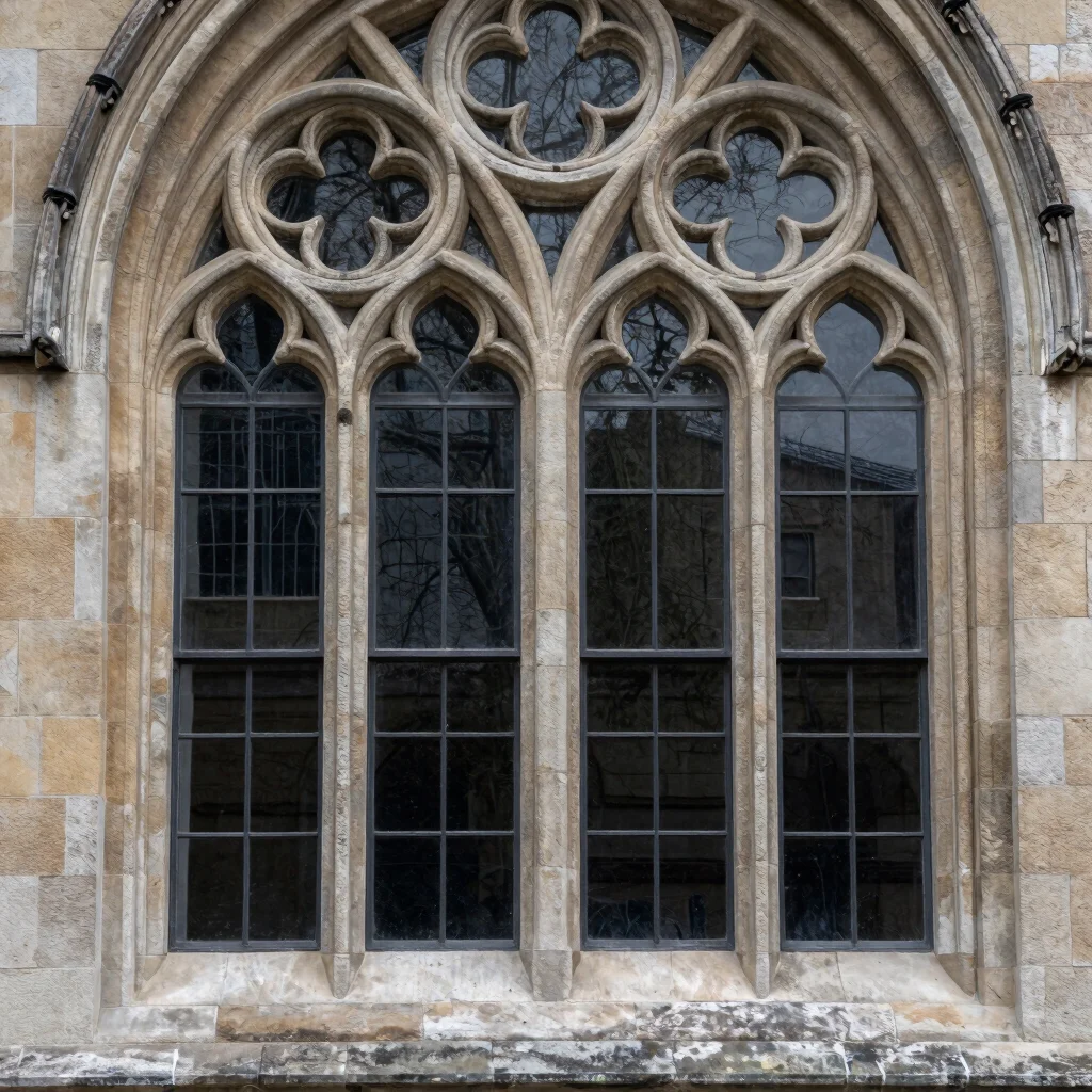Quiet editorial documentary photograph of conserved stone joints in a Gothic tracery window, soft daylight, mineral mort