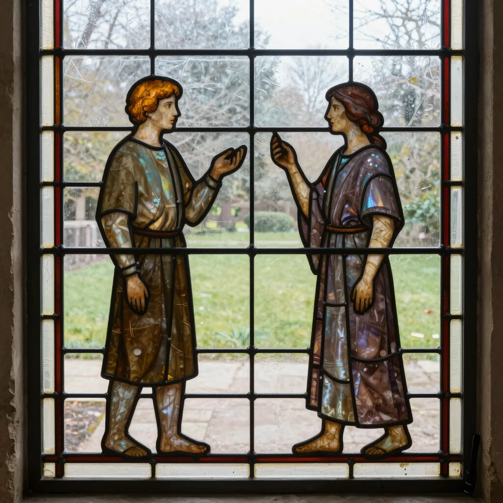 Quiet editorial documentary photograph of lead cames in a stained glass panel, soft daylight revealing the glass and lea