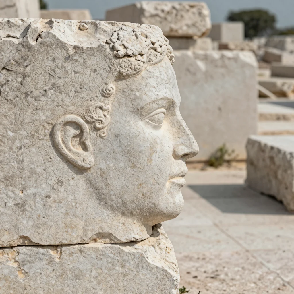 Quiet editorial documentary photograph of aged limestone profile being repaired, soft daylight, 50mm lens