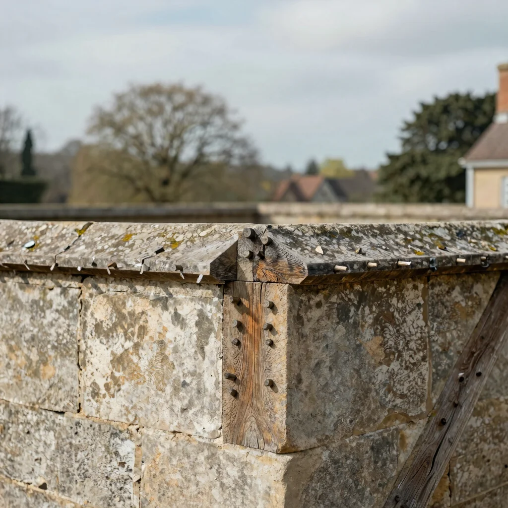 Quiet editorial documentary photograph of a timber joint with pegs in a historic manor, soft daylight, 50mm lens